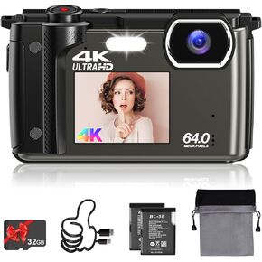 كاميرا رقمية 4K، Vmotal UHD 64MP Photo 4K/60FPS Video، شاشات مزدوجة/تكبير 16x/فاصل زمني/حركة بطيئة/مع WiFi/تركيز تلقائي لكاميرا تسجيل الفيديو للمبتدئين in Kuwait