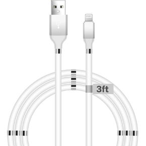كابل شاحن Aduro مغناطيسي ذاتي الملء Fidget Lightning iPhone كابل شحن معتمد من MFi لهاتف iPhone 12 11 Xs Max XR X 8 Plus 7 Plus 6S 6 Plus SE 2020 5S iPad Pro iPod Airpods 3 قدم (أبيض) in Kuwait