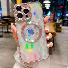 MGQILING Compatible with iPhone 14 Pro Max Magnetic Case 6.7 Inch, Laser Polygon Love Heart Pattern Plating Case, Compatible with MagSafe for Women Girls Shockproof Back Cover-Purple