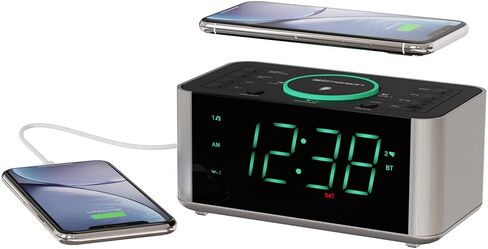 إيمرسون سمارت سيت راديو منبه مزدوج للشحن اللاسلكي مع PLL FM، 10 وات فائق السرعة Qi، منفذ USB، بلوتوث، مدخل Aux، شاشة LED أكوا عالية التباين سهلة القراءة 1.4 بوصة، ER100202 in Kuwait