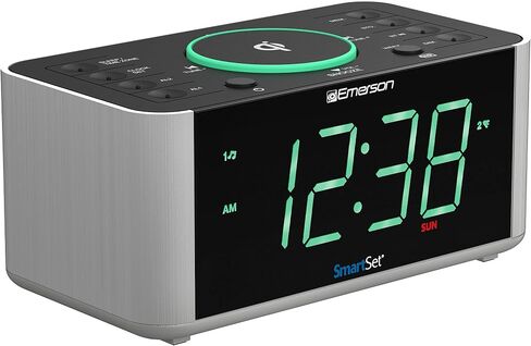 إيمرسون سمارت سيت راديو منبه مزدوج للشحن اللاسلكي مع PLL FM، 10 وات فائق السرعة Qi، منفذ USB، بلوتوث، مدخل Aux، شاشة LED أكوا عالية التباين سهلة القراءة 1.4 بوصة، ER100202 in Kuwait