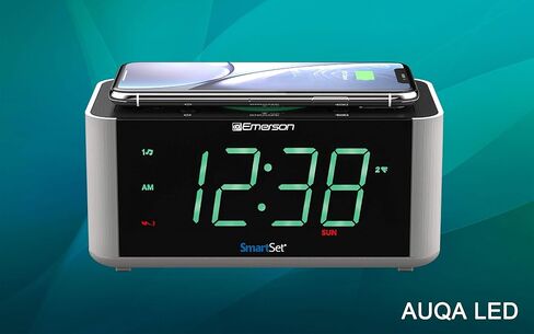 إيمرسون سمارت سيت راديو منبه مزدوج للشحن اللاسلكي مع PLL FM، 10 وات فائق السرعة Qi، منفذ USB، بلوتوث، مدخل Aux، شاشة LED أكوا عالية التباين سهلة القراءة 1.4 بوصة، ER100202 in Kuwait