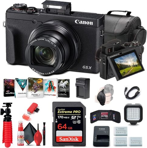 كاميرا Canon PowerShot G5 X Mark II الرقمية (3070C001) + بطاقة ذاكرة سعة 64 جيجابايت + 2 بطارية NB13L + برنامج Corel للصور + شاحن + قارئ بطاقات + ضوء LED + حقيبة ناعمة + المزيد (متجددة) in Kuwait