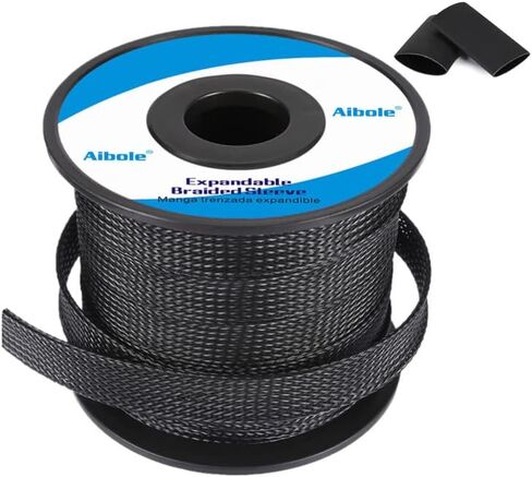 Aibole 25ft-1/2 بوصة PET كابل مضفر قابل للتوسيع كم سلك تلوح في الأفق، غطاء سلكي لكابل الأجهزة المنزلية وأسلاك السيارات وخليج المحرك - أسود in Kuwait