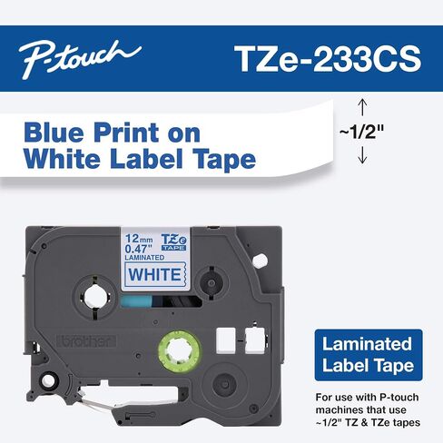 طابعة Brother Genuine P-Touch، TZe-233CS، مقاس 1.2 سم × 66.2 سم، باللون الأزرق على شريط ملصقات أبيض in Kuwait
