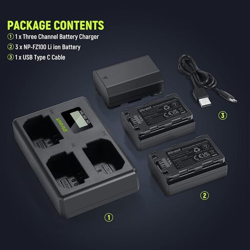 مجموعة بطارية وشاحن بديلة otrest NP-FZ100، بطارية 2280 مللي أمبير NP-FZ100 وشاحن USB ثلاثي متوافق مع Sony FX3 FX30 a1 a9 a9 II a7R IV a7S III a7 III a7 IV a7C a6600، 3 عبوات in Kuwait