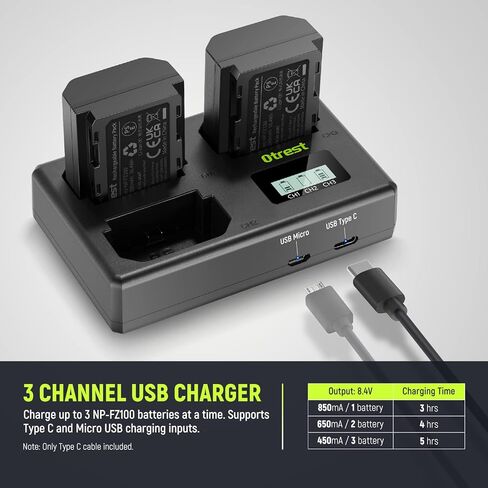 مجموعة بطارية وشاحن بديلة otrest NP-FZ100، بطارية 2280 مللي أمبير NP-FZ100 وشاحن USB ثلاثي متوافق مع Sony FX3 FX30 a1 a9 a9 II a7R IV a7S III a7 III a7 IV a7C a6600، 3 عبوات in Kuwait
