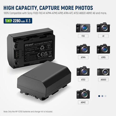 مجموعة بطارية وشاحن بديلة otrest NP-FZ100، بطارية 2280 مللي أمبير NP-FZ100 وشاحن USB ثلاثي متوافق مع Sony FX3 FX30 a1 a9 a9 II a7R IV a7S III a7 III a7 IV a7C a6600، 3 عبوات in Kuwait