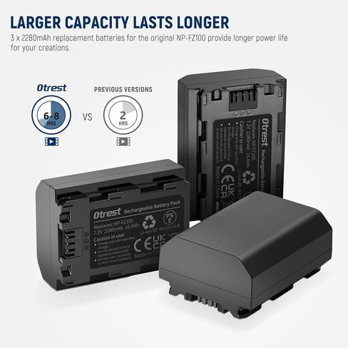 مجموعة بطارية وشاحن بديلة otrest NP-FZ100، بطارية 2280 مللي أمبير NP-FZ100 وشاحن USB ثلاثي متوافق مع Sony FX3 FX30 a1 a9 a9 II a7R IV a7S III a7 III a7 IV a7C a6600، 3 عبوات in Kuwait