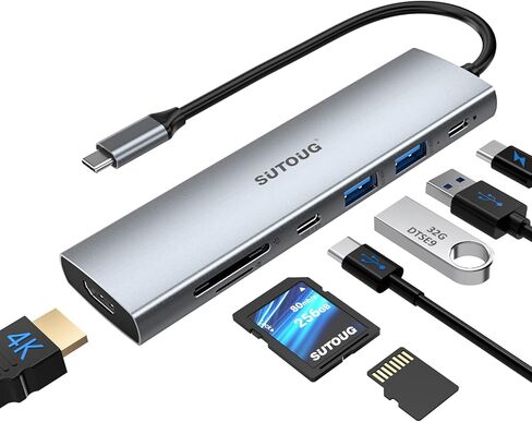 محطة إرساء SUTOUG، محور USB C 7 في 1 مع مخرج HDMI 4K@30 هرتز، منفذ شحن من النوع C بقوة 100 وات، وفتحة بطاقة SD/TF، ​​ومنفذين USB-A3.0، ومحول USB-C 3.0 متعدد المنافذ من النوع C لجهاز MacBook Pro Air XPS Surface Pro in Saudi Arabia