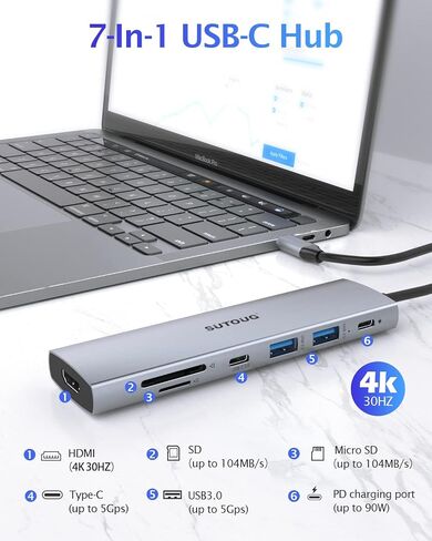 محطة إرساء SUTOUG، محور USB C 7 في 1 مع مخرج HDMI 4K@30 هرتز، منفذ شحن من النوع C بقوة 100 وات، وفتحة بطاقة SD/TF، ​​ومنفذين USB-A3.0، ومحول USB-C 3.0 متعدد المنافذ من النوع C لجهاز MacBook Pro Air XPS Surface Pro in Saudi Arabia