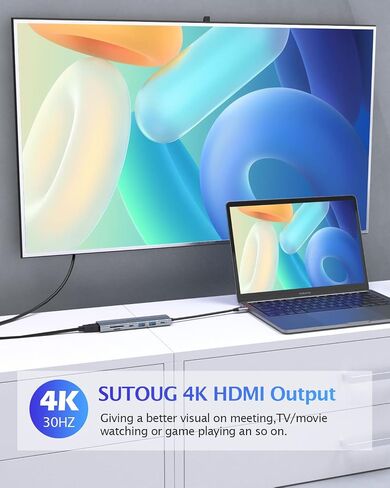 محطة إرساء SUTOUG، محور USB C 7 في 1 مع مخرج HDMI 4K@30 هرتز، منفذ شحن من النوع C بقوة 100 وات، وفتحة بطاقة SD/TF، ​​ومنفذين USB-A3.0، ومحول USB-C 3.0 متعدد المنافذ من النوع C لجهاز MacBook Pro Air XPS Surface Pro in Saudi Arabia