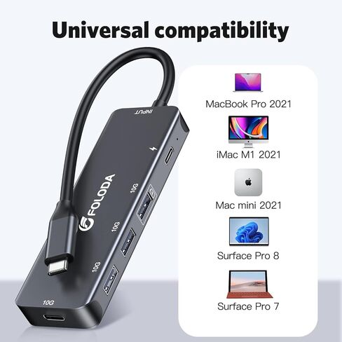 USB C Hub 3.1 Gen2 10Gbps Adapter, FOLODA 3.2 Gen2/USB 3.1 Gen2 USB C Hub with 3*Type-A, 1*Type C 10Gbps Ports (7.5W Charge) and 1*USB-C 100W Power Delivery, Super Speed Data Transfer Docking Station in Kuwait