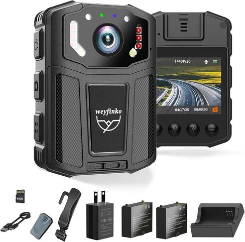weyfinko Upgrades W1PRO 2K Body Worn Cameras with 64GB Memory Card,2Pcs Batteries with Charging Cradle Body Mounted Cam Night Vision for Home,Outdoor,Travel,Meeting in Kuwait
