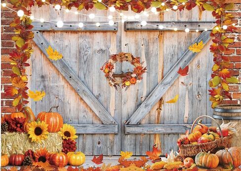 Dudaacvt 8x6FT Fall Thanksgiving Backdrop Autumn Pumpkin Harvest Barn Door Photography Backdrop Maple Leaves Haystack Thanksgiving Party Decorations in Kuwait