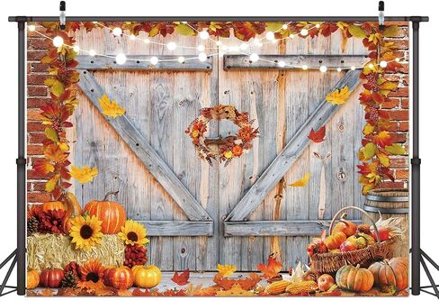 Dudaacvt 8x6FT Fall Thanksgiving Backdrop Autumn Pumpkin Harvest Barn Door Photography Backdrop Maple Leaves Haystack Thanksgiving Party Decorations in Kuwait
