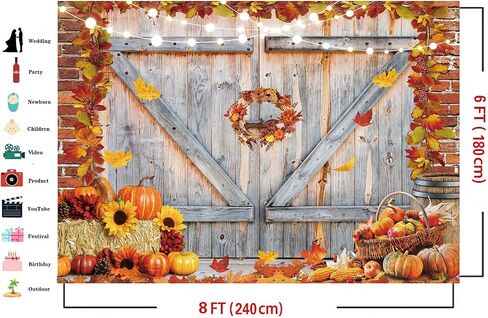 Dudaacvt 8x6FT Fall Thanksgiving Backdrop Autumn Pumpkin Harvest Barn Door Photography Backdrop Maple Leaves Haystack Thanksgiving Party Decorations in Kuwait