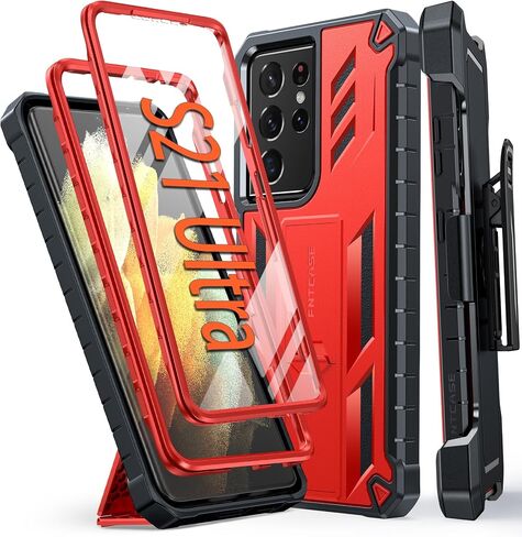 FNTCASE for Samsung Galaxy S21-Ultra Case: Military Shockproof Protective Phone Cover with Belt-Clip Holster, Kickstand & Extra Front Frame Drop Proof Heavy Duty Rugged Cases for S21Ultra 5G-Black in Kuwait