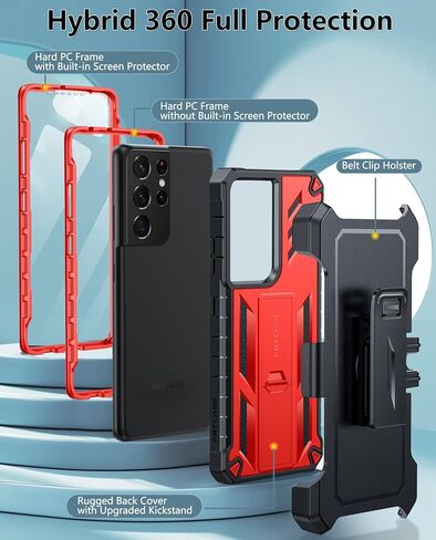 FNTCASE for Samsung Galaxy S21-Ultra Case: Military Shockproof Protective Phone Cover with Belt-Clip Holster, Kickstand & Extra Front Frame Drop Proof Heavy Duty Rugged Cases for S21Ultra 5G-Black in Kuwait