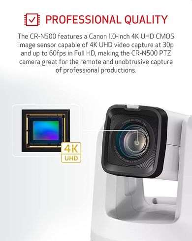 كاميرا Canon CR-N500 Pro PTZ مع عدسة تكبير بصري 15x، مستشعر AF ثنائي البكسل 1 بوصة 4K 30p، 3G-SDI، HDMI، مخرج فيديو IP، NDI HX2، SRT- الكنيسة، الأحداث الحية، مؤتمرات البث، الفصول الدراسية، الرياضات الإلكترونية، مدونات الفيديو in Kuwait