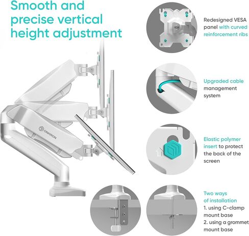 ONKRON Single Monitor Desk Mount for 13-32 inch Flat/Curved Screens up to 17.6 lbs - Fully Adjustable Desk Monitor Stand for 1 Screen, Full Motion Gas Spring Monitor Arm Single Monitor Mount, White in Saudi Arabia