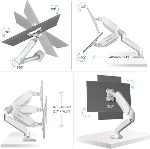 ONKRON Single Monitor Desk Mount for 13-32 inch Flat/Curved Screens up to 17.6 lbs - Fully Adjustable Desk Monitor Stand for 1 Screen, Full Motion Gas Spring Monitor Arm Single Monitor Mount, White in Saudi Arabia