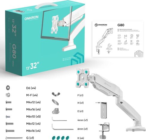 ONKRON Single Monitor Desk Mount for 13-32 inch Flat/Curved Screens up to 17.6 lbs - Fully Adjustable Desk Monitor Stand for 1 Screen, Full Motion Gas Spring Monitor Arm Single Monitor Mount, White in Saudi Arabia