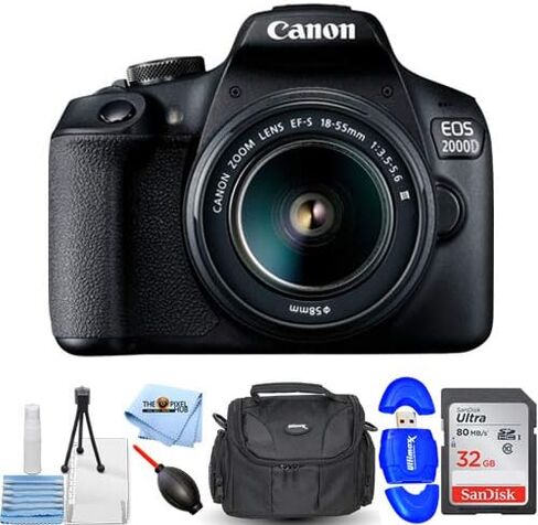 Canon EOS 2000D / Rebel T7 مع حزمة عدسة EF-S 18-55mm III مع بطاقة SD سعة 32 جيجابايت وقارئ بطاقة الذاكرة وحقيبة الأدوات ومنفاخ وقماش من الألياف الدقيقة ومجموعة التنظيف [الإصدار الدولي] in Kuwait