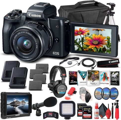 كاميرا Canon EOS M50 الرقمية بدون مرآة مع عدسة 15-45 مم (أسود) (2680C011)، شاشة 4K، سماعات رأس احترافية، ميكروفون احترافي، بطاقة ذاكرة 2 × 64 جيجابايت، حافظة، برنامج Corel Photo، حامل ثلاثي القوائم Pro + المزيد (متجدد) in Saudi Arabia
