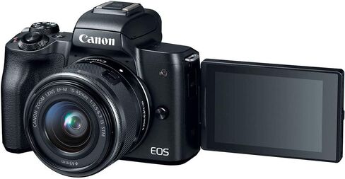 كاميرا Canon EOS M50 الرقمية بدون مرآة مع عدسة 15-45 مم (أسود) (2680C011)، شاشة 4K، سماعات رأس احترافية، ميكروفون احترافي، بطاقة ذاكرة 2 × 64 جيجابايت، حافظة، برنامج Corel Photo، حامل ثلاثي القوائم Pro + المزيد (متجدد) in Saudi Arabia