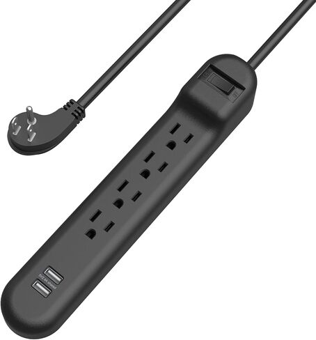 Wishinkle Surge Protector, 4 AC Multiple Plug Outlets with 2 USB Power Strip, 2.5 ft Flat Plug Extension Cord for Home, Office, Travel, School, Black in Kuwait