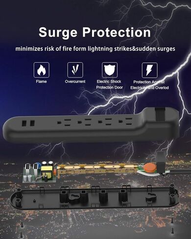 Wishinkle Surge Protector, 4 AC Multiple Plug Outlets with 2 USB Power Strip, 2.5 ft Flat Plug Extension Cord for Home, Office, Travel, School, Black in Kuwait