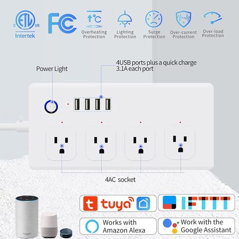 شريط طاقة ذكي، واقي واي فاي من التيار المتردد متوافق مع Alexa وGoogle Home، قابس ذكي مع 4 منافذ USB و4 منافذ تيار متردد، جهاز تحكم عن بعد وجدول مؤقت، سلك تمديد بطول 5 أقدام in Kuwait