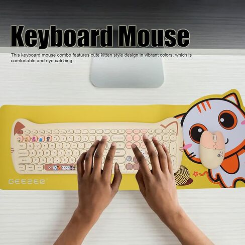 Wireless Keyboard and Mouse Combo, 2.4G Cute Cat Keyboard Mouse Combo, 110 Keys Round Keycaps Keyboard with Number Pad and Silent Mouse for Windows 10 8 7 XP Laptop Computer PC in Kuwait
