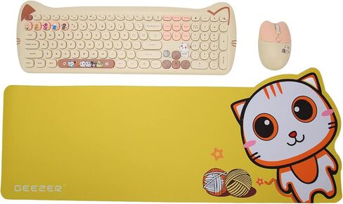 Wireless Keyboard and Mouse Combo, 2.4G Cute Cat Keyboard Mouse Combo, 110 Keys Round Keycaps Keyboard with Number Pad and Silent Mouse for Windows 10 8 7 XP Laptop Computer PC in Kuwait