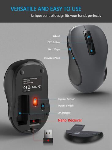 ماوس كمبيوتر لاسلكي من Trueque، ماوس USB لاسلكي لأجهزة الكمبيوتر المحمول، مقابض Ergo، 3 مستويات 1600 نقطة في البوصة، بطارية تدوم 12 شهرًا، محمولة لأجهزة الكمبيوتر الشخصية Mac Chromebook، 6 أزرار (رمادي) in Kuwait