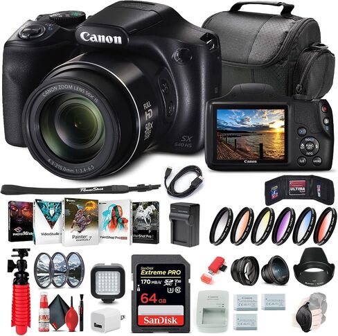 كاميرا Canon PowerShot SX540 HS الرقمية (1067C001)، بطاقة 64 جيجابايت، بطارية 2 × NB-6L، مجموعة مرشح الألوان، مجموعة المرشح، برنامج الصور Corel، الشاحن، قارئ البطاقات، ضوء LED + المزيد (متجدد) in Saudi Arabia