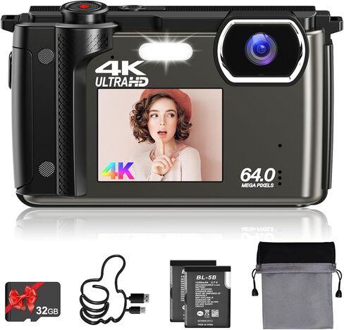 كاميرا رقمية 4K، Vmotal UHD 64MP Photo 4K/60FPS Video، شاشات مزدوجة/تكبير 16x/فاصل زمني/حركة بطيئة/مع WiFi/تركيز تلقائي لكاميرا تسجيل الفيديو للمبتدئين in Kuwait