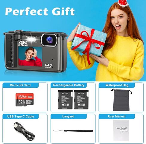 كاميرا رقمية 4K، Vmotal UHD 64MP Photo 4K/60FPS Video، شاشات مزدوجة/تكبير 16x/فاصل زمني/حركة بطيئة/مع WiFi/تركيز تلقائي لكاميرا تسجيل الفيديو للمبتدئين in Kuwait