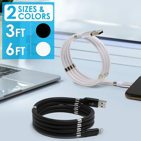 كابل شاحن Aduro مغناطيسي ذاتي الملء Fidget Lightning iPhone كابل شحن معتمد من MFi لهاتف iPhone 12 11 Xs Max XR X 8 Plus 7 Plus 6S 6 Plus SE 2020 5S iPad Pro iPod Airpods 3 قدم (أبيض) in Kuwait