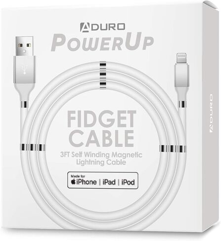 كابل شاحن Aduro مغناطيسي ذاتي الملء Fidget Lightning iPhone كابل شحن معتمد من MFi لهاتف iPhone 12 11 Xs Max XR X 8 Plus 7 Plus 6S 6 Plus SE 2020 5S iPad Pro iPod Airpods 3 قدم (أبيض) in Kuwait