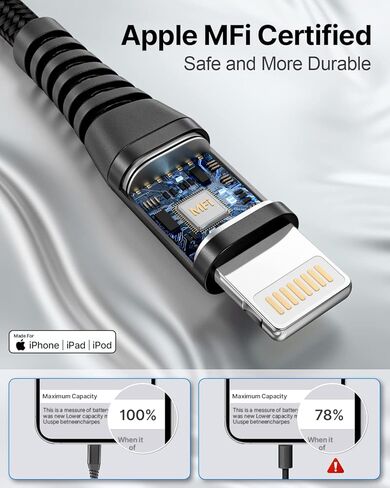 كيبل لايتنينج معتمد من ام اف اي بطول 6 اقدام من قطعتين، كيبل شحن سريع مغطى بالنايلون متوافق مع ايفون اس اي 2020 13 12 11 برو اكس اس ماكس اكس ار 10 8 7 بلس 6 6 اس بلس 5 سي وايباد in Kuwait