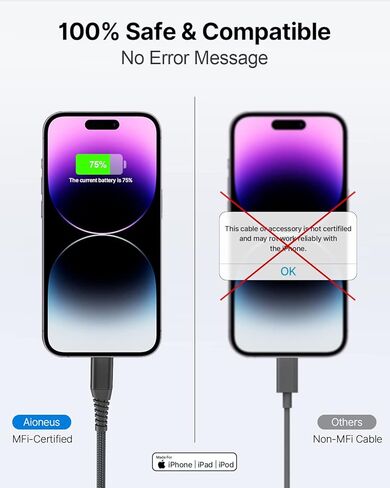 كيبل لايتنينج معتمد من ام اف اي بطول 6 اقدام من قطعتين، كيبل شحن سريع مغطى بالنايلون متوافق مع ايفون اس اي 2020 13 12 11 برو اكس اس ماكس اكس ار 10 8 7 بلس 6 6 اس بلس 5 سي وايباد in Kuwait