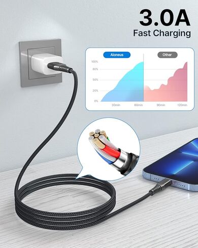 كيبل لايتنينج معتمد من ام اف اي بطول 6 اقدام من قطعتين، كيبل شحن سريع مغطى بالنايلون متوافق مع ايفون اس اي 2020 13 12 11 برو اكس اس ماكس اكس ار 10 8 7 بلس 6 6 اس بلس 5 سي وايباد in Kuwait