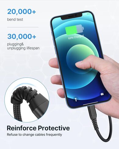 كيبل لايتنينج معتمد من ام اف اي بطول 6 اقدام من قطعتين، كيبل شحن سريع مغطى بالنايلون متوافق مع ايفون اس اي 2020 13 12 11 برو اكس اس ماكس اكس ار 10 8 7 بلس 6 6 اس بلس 5 سي وايباد in Kuwait