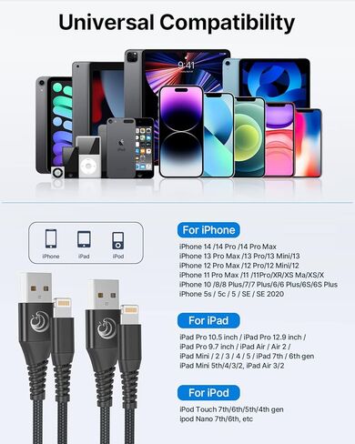 كيبل لايتنينج معتمد من ام اف اي بطول 6 اقدام من قطعتين، كيبل شحن سريع مغطى بالنايلون متوافق مع ايفون اس اي 2020 13 12 11 برو اكس اس ماكس اكس ار 10 8 7 بلس 6 6 اس بلس 5 سي وايباد in Kuwait