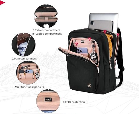 حقيبة ظهر سويس ديجيتال ديزاين كاتي روز للنساء باللون الأسود مع سحابات ذهبية وردية حقيبة ظهر للكمبيوتر المحمول للسفر في الكلية SD1006M-01 in Kuwait