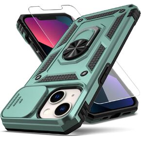 YZOK for iPhone 13 Case,with Camera Lens Cover HD Screen Protector,[Military Grade] Ring Car Mount Kickstand Hybrid Hard PC Soft TPU Shockproof Protective Case for iPhone 13-Blue in Kuwait