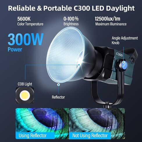 SIRUI 300W LED Video Light C300، ضوء مستمر COB مدمج لإضاءة استوديو التصوير الفوتوغرافي، 12500Lus@1m 5600K ضوء النهار، TLCI98 CRI96، حوامل Bowen، عاكس، التحكم في الصندوق/التطبيق، 8 تأثيرات in Saudi Arabia