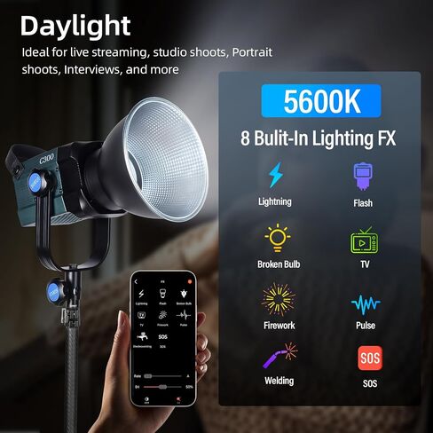 SIRUI 300W LED Video Light C300، ضوء مستمر COB مدمج لإضاءة استوديو التصوير الفوتوغرافي، 12500Lus@1m 5600K ضوء النهار، TLCI98 CRI96، حوامل Bowen، عاكس، التحكم في الصندوق/التطبيق، 8 تأثيرات in Saudi Arabia